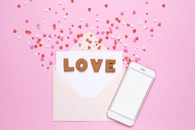 Foto galletas de letras amor con sobre y corazones rojos sobre rosa