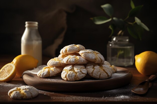 Galletas de limón en polvo en la mesa Galletas de desayuno Pilas de galletas Galletas de Limón horneado Galletas de lemón postre Galletas americanas generativas