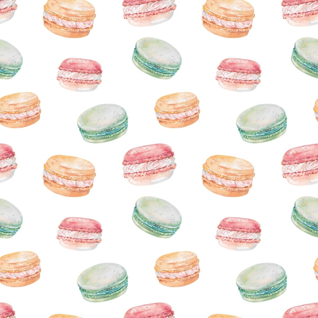 Galletas de macarrón de almendra dibujadas a mano con crema de acuarela batida con patrón sin costuras aislado en blanco