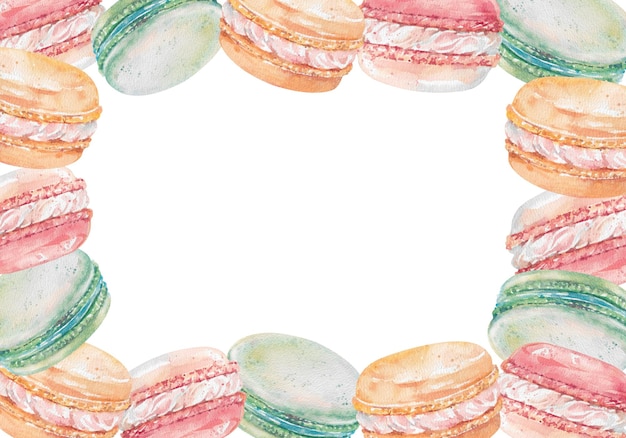 Galletas de macarrón de almendra dibujadas a mano con marco de crema de acuarela batida aislado en blanco
