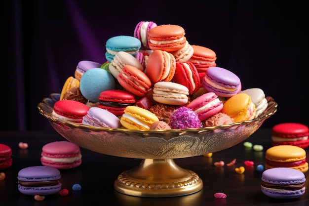 Galletas de macarrones coloridos en un plato Taza de té