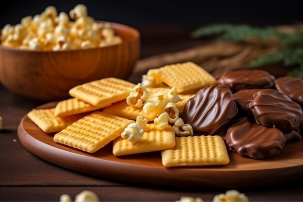 Galletas de maíz infladas cubiertas de chocolate en la madera