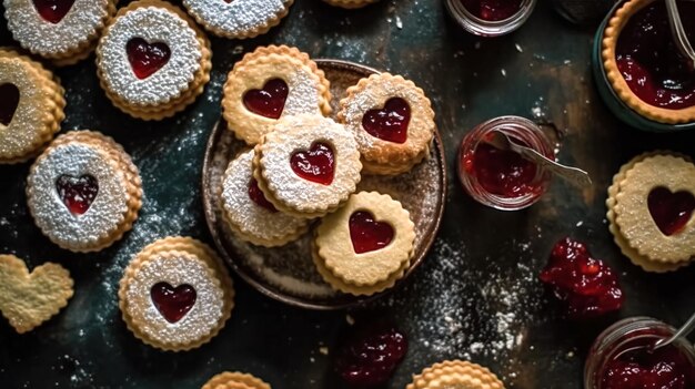 Galletas de mantequilla caseras con corazones rojos con mermelada generativa ai