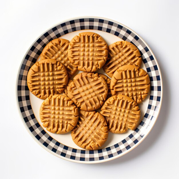 Foto galletas de mantequilla de maní en el plato fondo blanco en el estilo de la cultura pop infundido