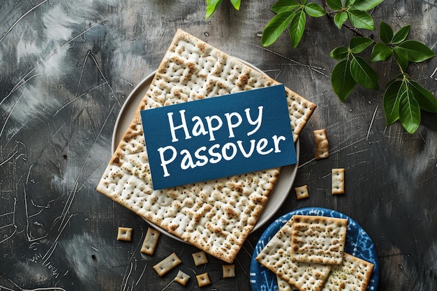 Las galletas Matzah con la frase Feliz Pascua deletrean un saludo para la fiesta judía