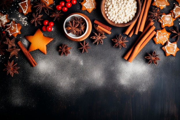 Galletas de Navidad e ingredientes en la mesa Alimentos generativos de IA