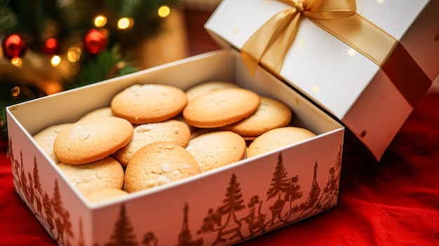 Galletas de Navidad galletas de vacaciones caja de regalo y horneado casero vacaciones de invierno presente para el té de campo inglés en la cabaña pan corto casero y inspiración de receta de horneado