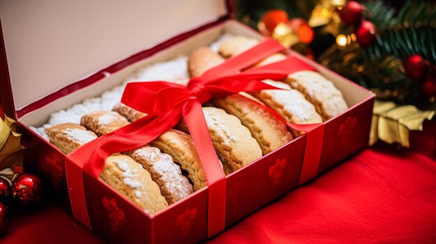 Galletas de Navidad galletas de vacaciones caja de regalo y horneado casero vacaciones de invierno presente para el té de campo inglés en la cabaña pan corto casero y receta de horneado