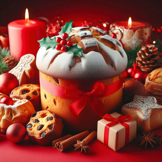 galletas de Navidad panettone fondo rojo postre de Navidad