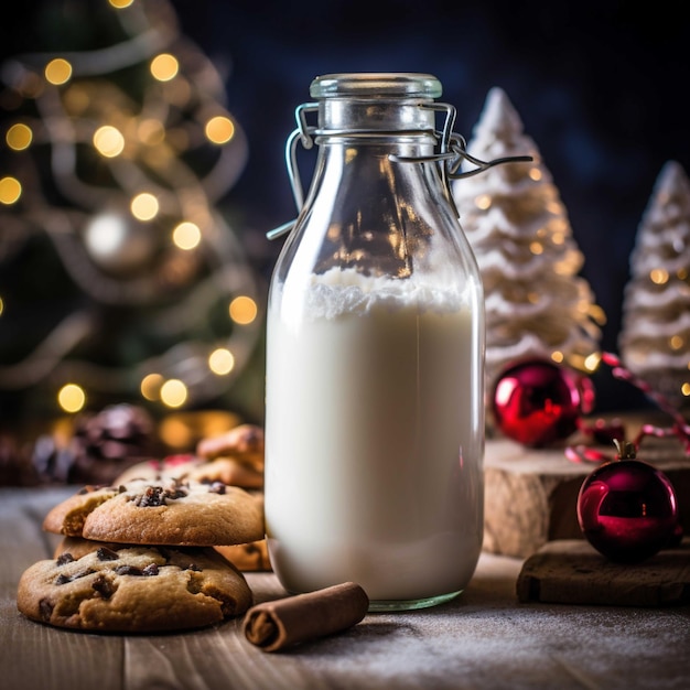 Galletas navideñas y una botella de leche sobre una tabla de madera sobre un fondo oscuro