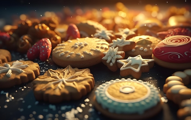 Galletas navideñas con decoración festiva con fondo bokeh