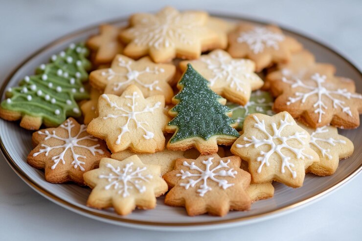 Galletas navideñas decoradas con formas festivas de árboles y copos de nieve en una bandeja blanca IA generativa