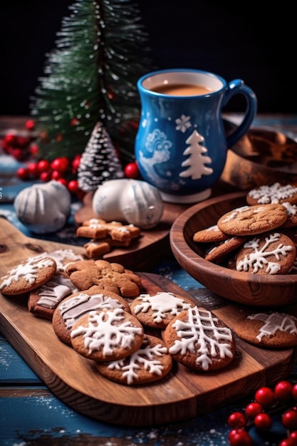 Galletas navideñas festivas y chocolate caliente en una mesa creada con ai generativo