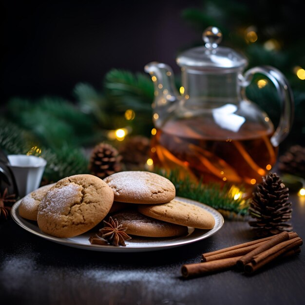 Galletas navideñas con rama de abeto y té verde.