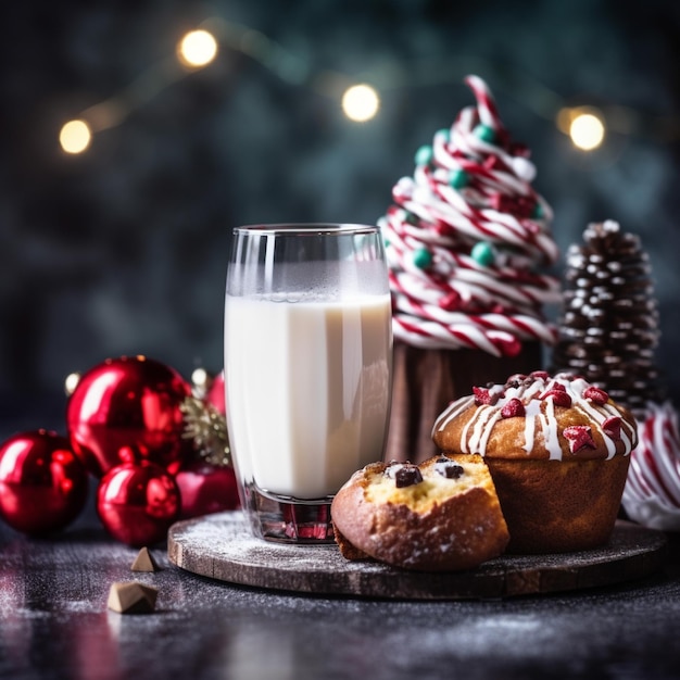 Galletas navideñas y un vaso de leche sobre una tabla de madera sobre un fondo oscuro