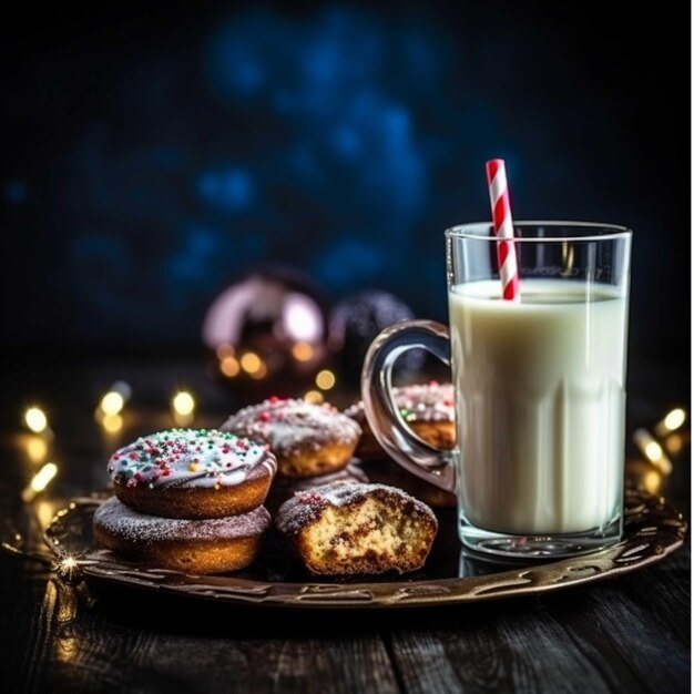 Galletas navideñas y un vaso de leche sobre una tabla de madera sobre un fondo oscuro