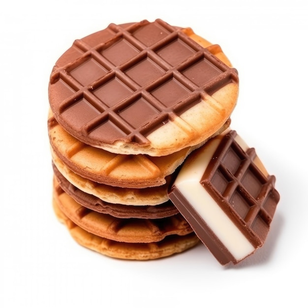 Galletas de oblea con crema de chocolate sobre un fondo blanco.