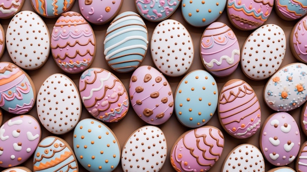 Galletas ovaladas planas y dulces adornadas con coloridos patrones de huevos de Pascua Generadas por IA