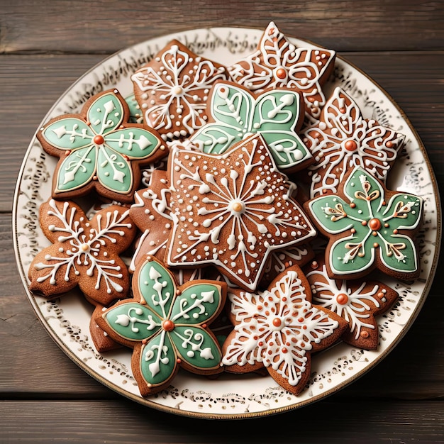 Foto galletas de pan de jengibre en diferentes formas en el plato blanco el fondo en el estilo de la antena