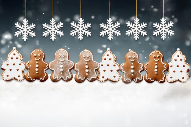 Foto galletas de pan de jengibre festivas y copos de nieve con un telón de fondo gris nevado que encarna el espíritu navideño