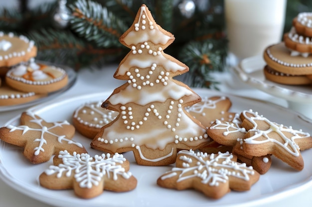 Las galletas de pan de jengibre festivas de Navidad decoradas con glaseado blanco en la mesa de la cocina con pino