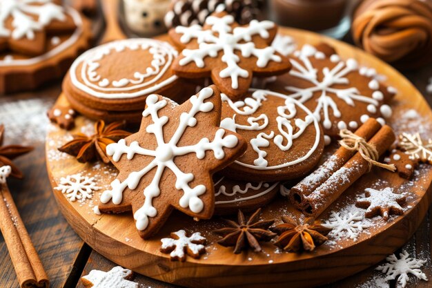 Galletas de pan de jengibre de forma ovalada y en forma de palo en una tabla de madera