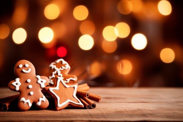 Galletas de pan de jengibre de Navidad en mesa de madera y fondo de luz borrosa Espacio de copia