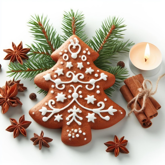 galletas de pan de jengibre de Navidad y pan de jenger aislado de fondo de decoración de Navidad blanca