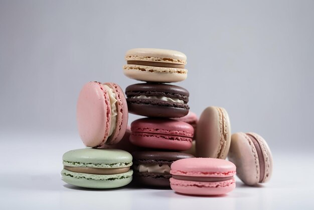 Galletas de pasta francesa en diferentes colores sobre un fondo blanco Bodegón de confitería