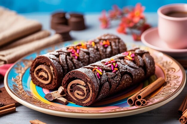 Galletas de pastel de chocolate y palitos de canela en un plato de colores