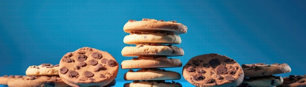 Galletas de pie sobre fondo azul blanco degradado IA generativa panorámica amplia