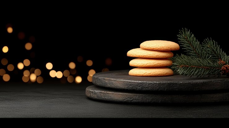Galletas recién horneadas en tabla de madera con decoraciones festivas