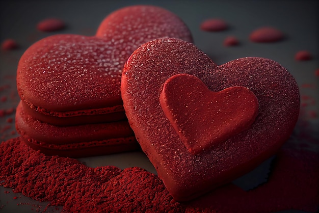 Galletas rojas en forma de corazón con un corazón rojo en la parte superior.