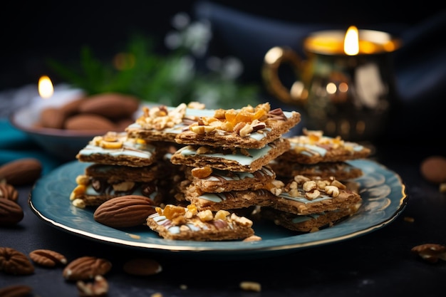 Galletas saladas y un pequeño pastel en un plato azul sobre una mesa de mármol