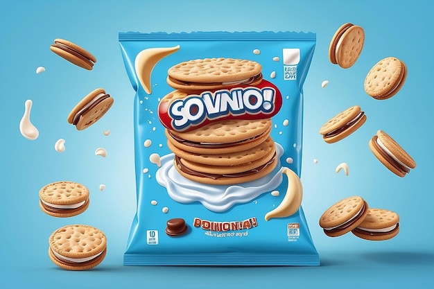 Foto galletas de sándwich con sabor a leche aisladas con fondo azul claro ilustración 3d