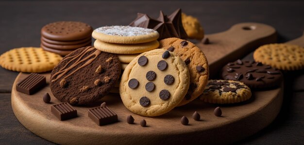 Galletas en una tabla de madera luciendo deliciosas de cerca