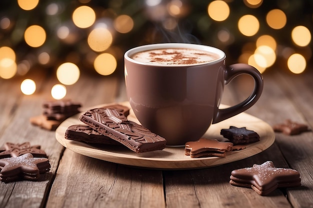 Galletas y taza con chocolate caliente en una mesa de madera vacía sobre un fondo de bokeh navideño