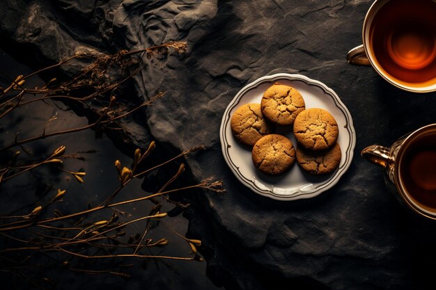 Foto galletas y té en la vieja mesa de piedra