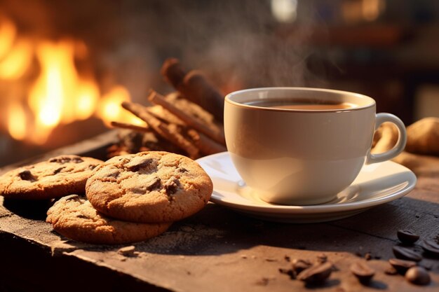 Foto galletas tentadoras acompañadas de una taza de café humeante