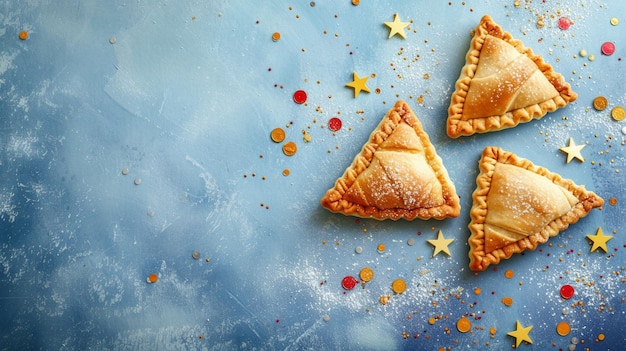 Galletas triangulares de Purim con orejas de hamantasch o aman caramelos de color para la fiesta judía de Purim