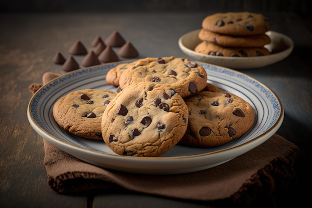 Galletas con trocitos de chocolate en una pila con migas sobre fondo oscuro