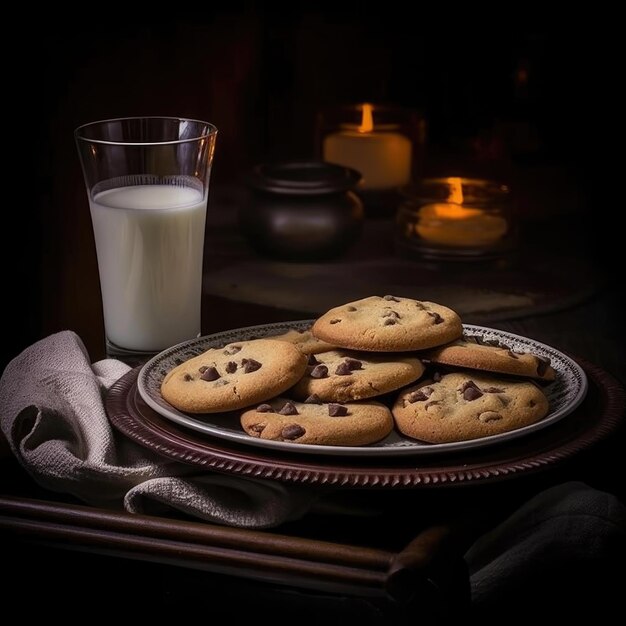 Galletas con trocitos de chocolate y un vaso de leche sobre un fondo oscuro