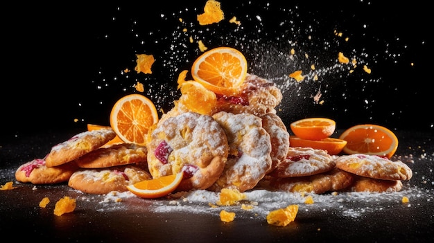 Galletas con trozos de chocolate y naranja caen sobre la mesa y el azúcar en polvo vuela