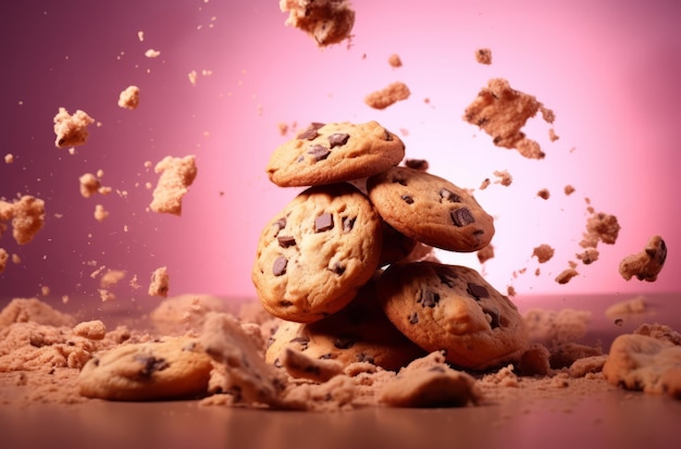 galletas volando en el fondo rosa