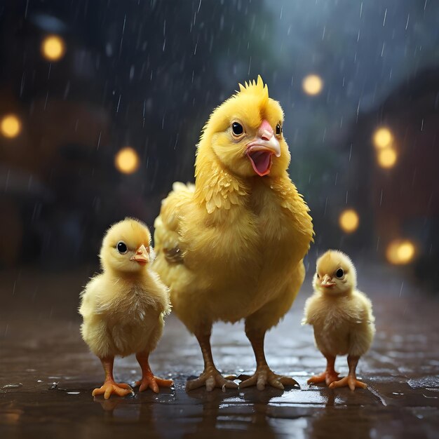 Foto una gallina amarilla de pie en la lluvia con sus dos pequeños pollitos