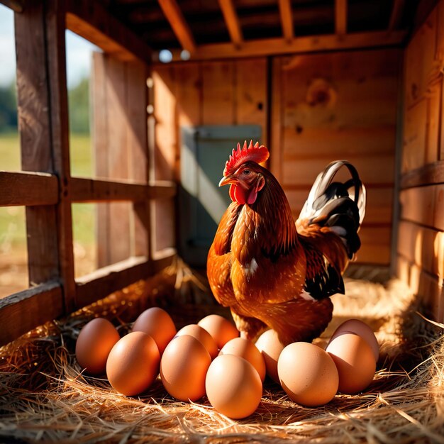 La gallina de campo libre de la granja pone enormes huevos orgánicos frescos en un entorno agrícola al aire libre