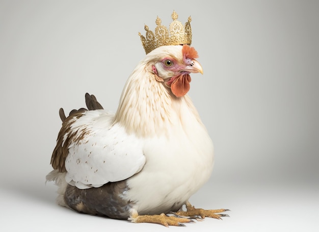 Gallina con una corona dorada sobre un fondo blanco.