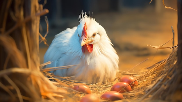 La gallina está incubando el huevo en el coophatching el huevo