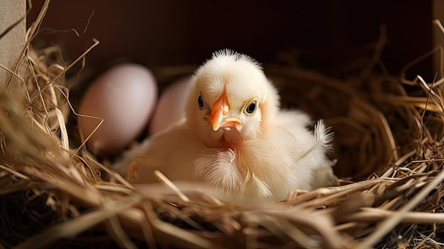 Una gallina en un nido con huevos.