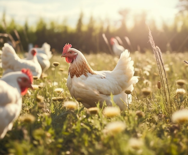 Gallina y pollos disfrutando del sol en una IA generativa de pasto